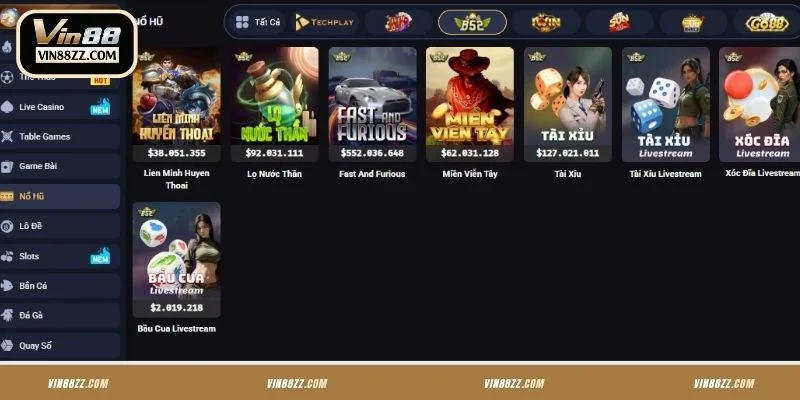 Các sảnh chơi Slot hiện có trên VIN88